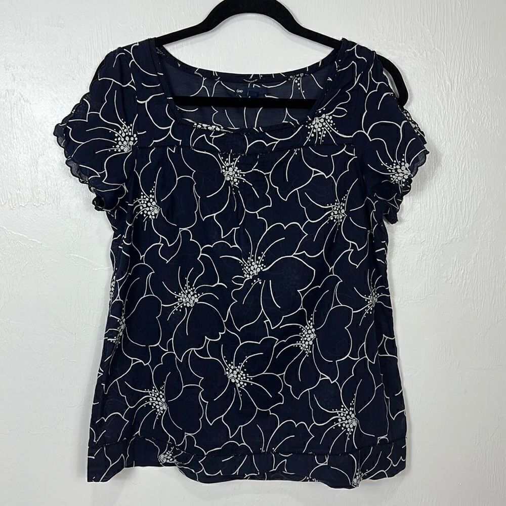 Gap Navy Blue Cotton Floral Print Square Neck T-shirt Size M